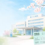 高額療養費制度の解説記事のイメージ。青空の下の病院と桜、健康保険証と電卓を組み合わせたやさしい色合いのイラスト。