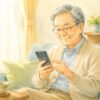 スマートフォンでChatGPTを使い、孫への誕生日メッセージを考えるシニア男性のイラスト