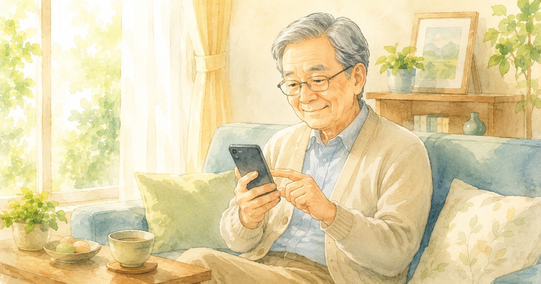 スマートフォンでChatGPTを使い、孫への誕生日メッセージを考えるシニア男性のイラスト