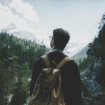 Back view of a man with a backpack hiking through a lush alpine forest in Tirol, Austria.