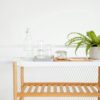 A stylish and modern beverage stand featuring a plant and water bottle in a clean indoor setting.